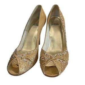 Stuart Weitzman Gold Rhinestone Peep Toe Heels Size 10